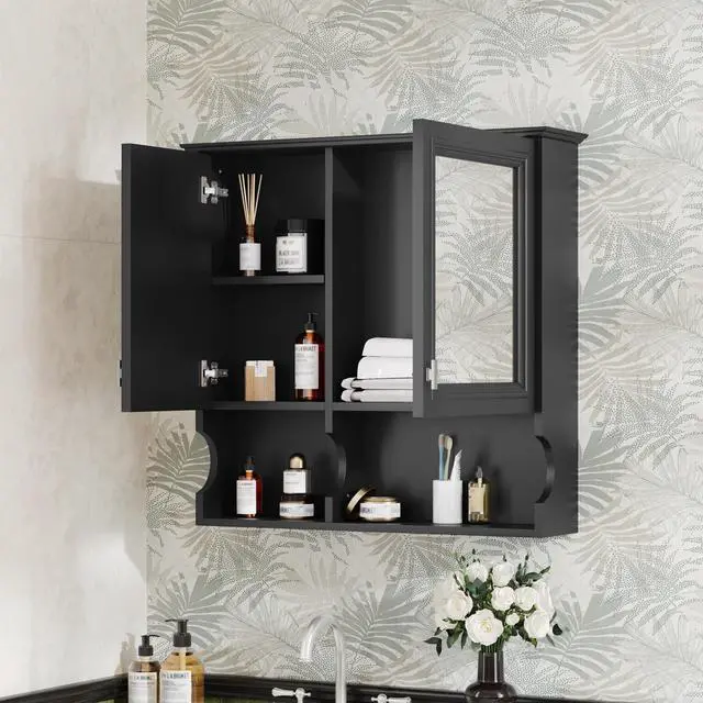 Alt view image 6 of 7 - 30 Inch Mirror Medicine Cabinet with Open Shelves, Wall Mounted Home Storage with Doors & Mirror, Adjustable Shelf, Bathroom Storage Cabinet over Toilet