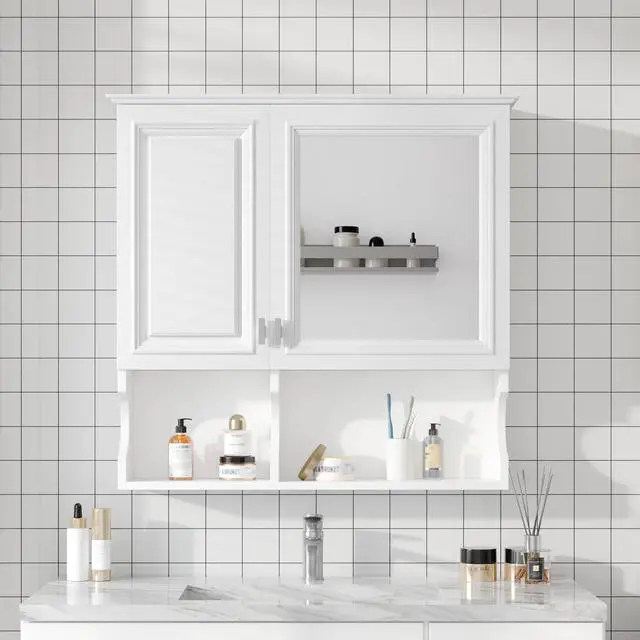 Alt view image 2 of 7 - 30 Inch Mirror Medicine Cabinet with Open Shelves, Wall Mounted Home Storage with Doors & Mirror, Adjustable Shelf, Bathroom Storage Cabinet over Toilet