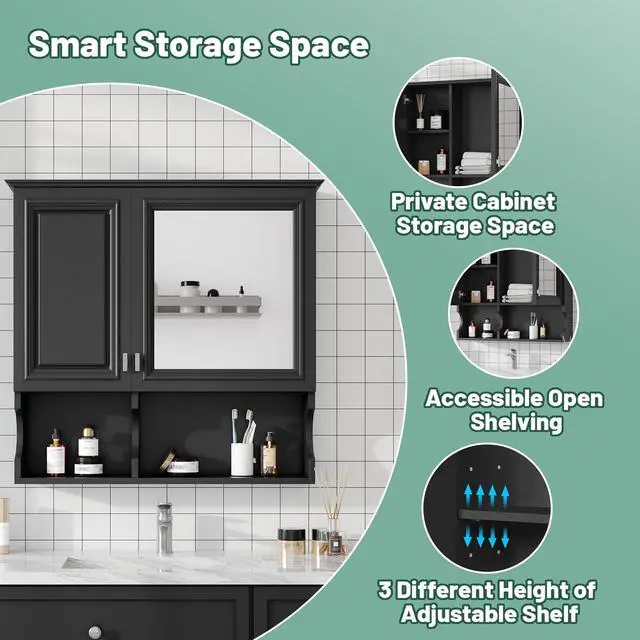 Alt view image 7 of 7 - 30 Inch Mirror Medicine Cabinet with Open Shelves, Wall Mounted Home Storage with Doors & Mirror, Adjustable Shelf, Bathroom Storage Cabinet over Toilet