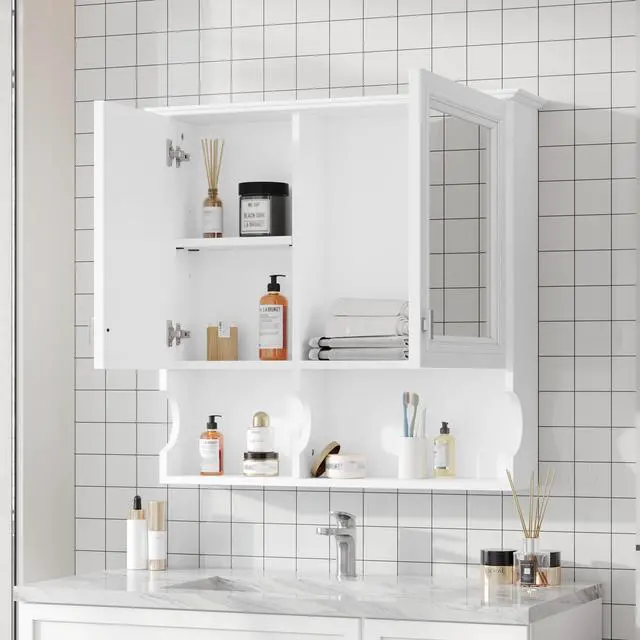 Alt view image 4 of 7 - 30 Inch Mirror Medicine Cabinet with Open Shelves, Wall Mounted Home Storage with Doors & Mirror, Adjustable Shelf, Bathroom Storage Cabinet over Toilet