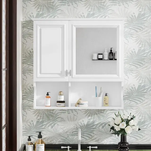 Alt view image 5 of 7 - 30 Inch Mirror Medicine Cabinet with Open Shelves, Wall Mounted Home Storage with Doors & Mirror, Adjustable Shelf, Bathroom Storage Cabinet over Toilet