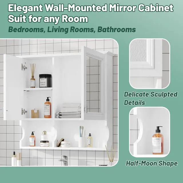 Alt view image 7 of 7 - 30 Inch Mirror Medicine Cabinet with Open Shelves, Wall Mounted Home Storage with Doors & Mirror, Adjustable Shelf, Bathroom Storage Cabinet over Toilet