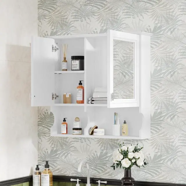 Alt view image 6 of 7 - 30 Inch Mirror Medicine Cabinet with Open Shelves, Wall Mounted Home Storage with Doors & Mirror, Adjustable Shelf, Bathroom Storage Cabinet over Toilet