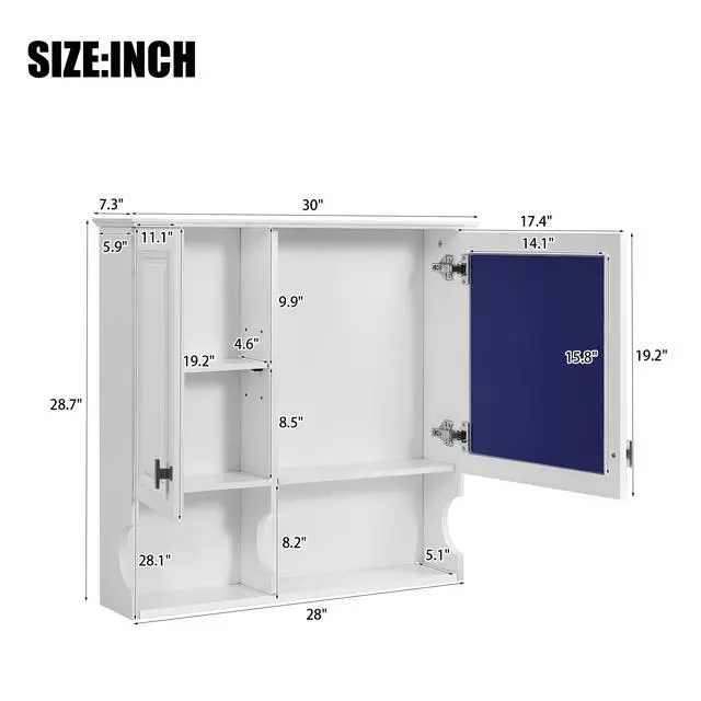 Alt view image 3 of 7 - 30 Inch Mirror Medicine Cabinet with Open Shelves, Wall Mounted Home Storage with Doors & Mirror, Adjustable Shelf, Bathroom Storage Cabinet over Toilet