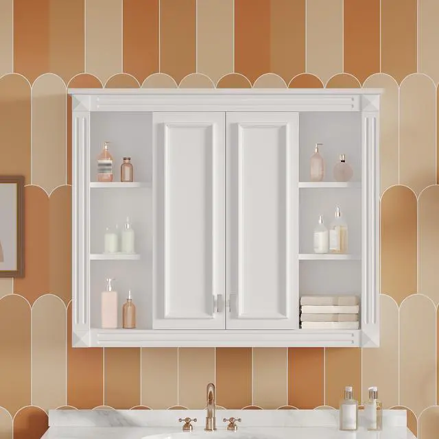 Alt view image 5 of 7 - 36'' x 28'' Medicine Cabinet, Wall Mounted Bathroom Storage Cabinet, with 1 Adjustable Shelf, Wall-Mounted Medicine Cabinet for Bathroom, Soft-Closing Hinges, Swing-Open Doors