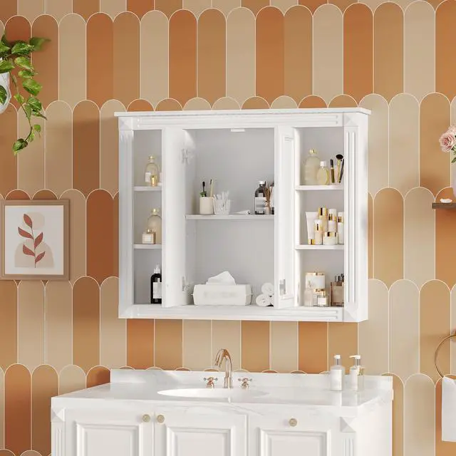 Alt view image 6 of 7 - 36'' x 28'' Medicine Cabinet, Wall Mounted Bathroom Storage Cabinet, with 1 Adjustable Shelf, Wall-Mounted Medicine Cabinet for Bathroom, Soft-Closing Hinges, Swing-Open Doors