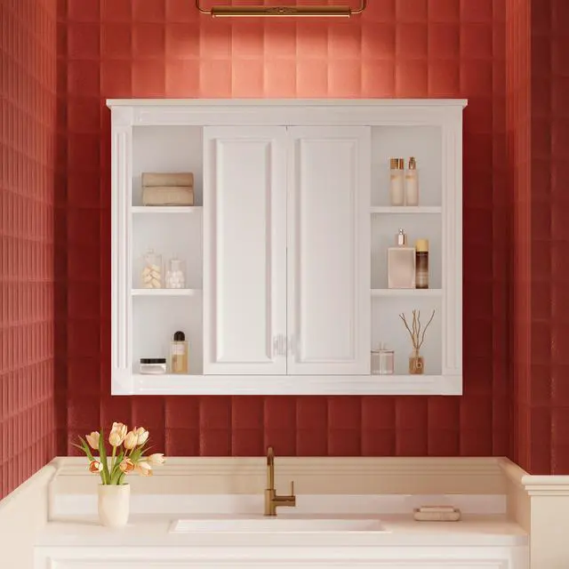 Alt view image 4 of 7 - 36'' x 28'' Medicine Cabinet, Wall Mounted Bathroom Storage Cabinet, with 1 Adjustable Shelf, Wall-Mounted Medicine Cabinet for Bathroom, Soft-Closing Hinges, Swing-Open Doors