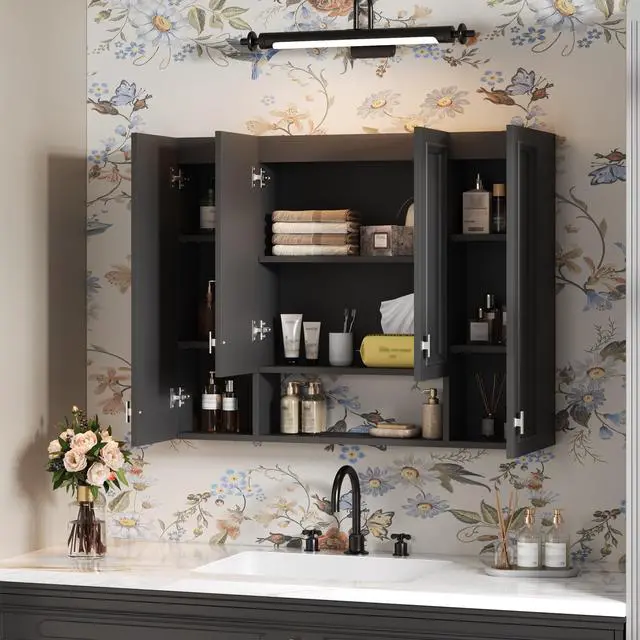 Alt view image 6 of 7 - Modern Bathroom Cabinet with 5 Adjustable Shelves, Wall-Mounted Medicine Cabinet for Bathroom, Soft-Closing Hinges, Open Shelving Design