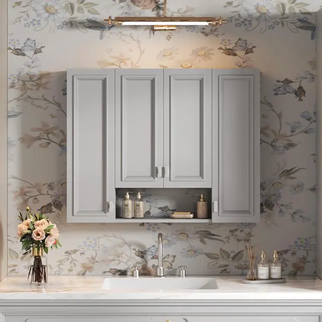Alt view image 2 of 7 - Modern Bathroom Cabinet with 5 Adjustable Shelves, Wall-Mounted Medicine Cabinet for Bathroom, Soft-Closing Hinges, Open Shelving Design