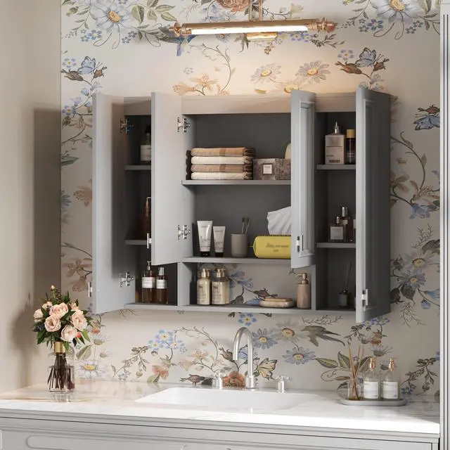 Alt view image 4 of 7 - Modern Bathroom Cabinet with 5 Adjustable Shelves, Wall-Mounted Medicine Cabinet for Bathroom, Soft-Closing Hinges, Open Shelving Design