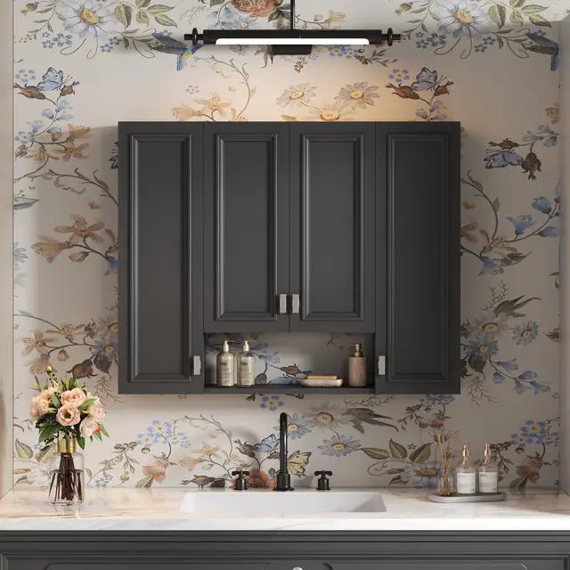 Alt view image 5 of 7 - Modern Bathroom Cabinet with 5 Adjustable Shelves, Wall-Mounted Medicine Cabinet for Bathroom, Soft-Closing Hinges, Open Shelving Design