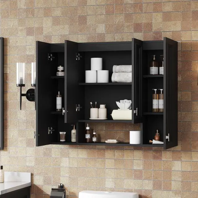 Alt view image 4 of 7 - Modern Bathroom Cabinet with 5 Adjustable Shelves, Wall-Mounted Medicine Cabinet for Bathroom, Soft-Closing Hinges, Open Shelving Design