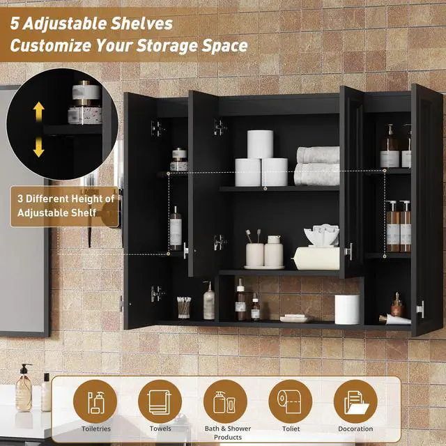 Alt view image 7 of 7 - Modern Bathroom Cabinet with 5 Adjustable Shelves, Wall-Mounted Medicine Cabinet for Bathroom, Soft-Closing Hinges, Open Shelving Design