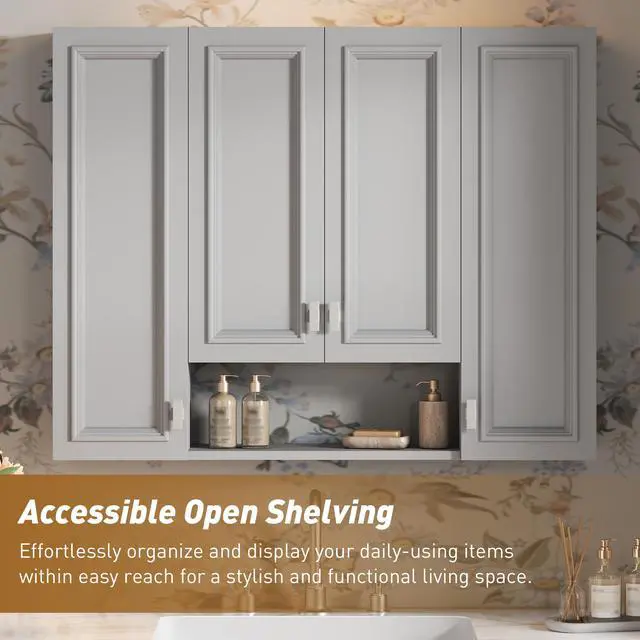 Alt view image 7 of 7 - Modern Bathroom Cabinet with 5 Adjustable Shelves, Wall-Mounted Medicine Cabinet for Bathroom, Soft-Closing Hinges, Open Shelving Design
