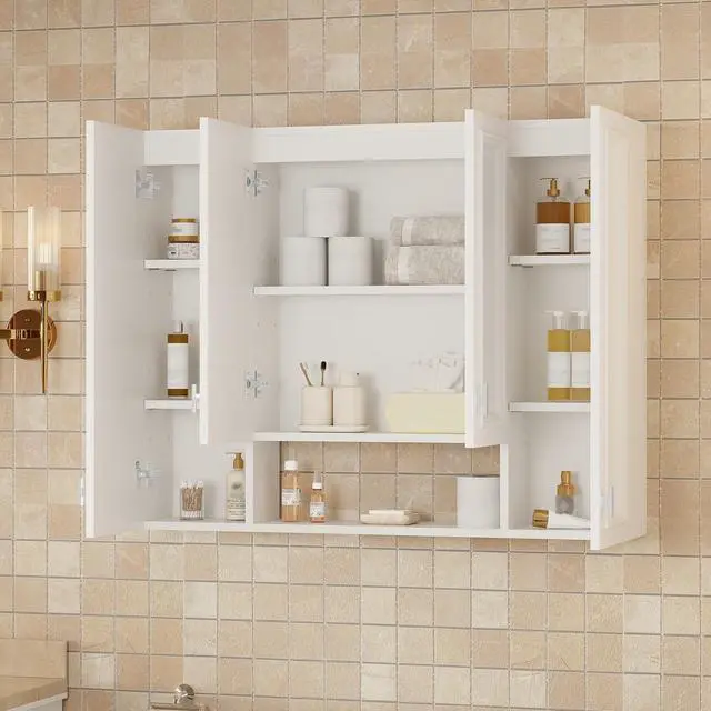 Alt view image 4 of 7 - Modern Bathroom Cabinet with 5 Adjustable Shelves, Wall-Mounted Medicine Cabinet for Bathroom, Soft-Closing Hinges, Open Shelving Design