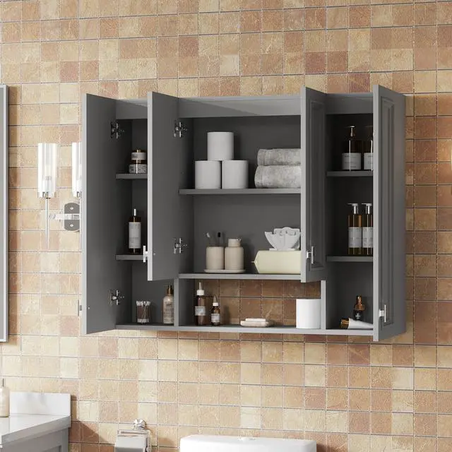 Alt view image 6 of 7 - Modern Bathroom Cabinet with 5 Adjustable Shelves, Wall-Mounted Medicine Cabinet for Bathroom, Soft-Closing Hinges, Open Shelving Design