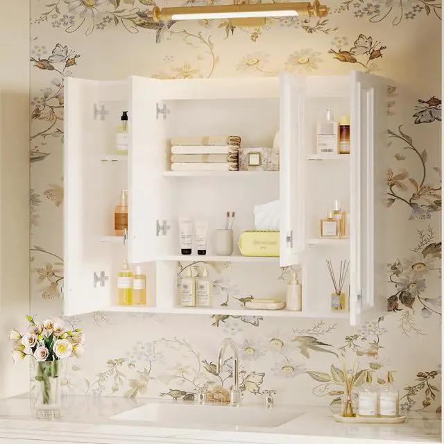 Alt view image 6 of 7 - Modern Bathroom Cabinet with 5 Adjustable Shelves, Wall-Mounted Medicine Cabinet for Bathroom, Soft-Closing Hinges, Open Shelving Design