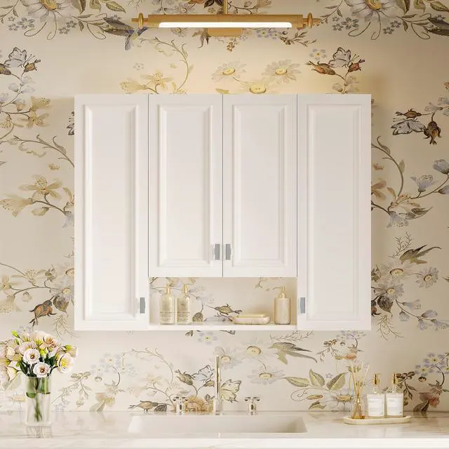 Alt view image 5 of 7 - Modern Bathroom Cabinet with 5 Adjustable Shelves, Wall-Mounted Medicine Cabinet for Bathroom, Soft-Closing Hinges, Open Shelving Design