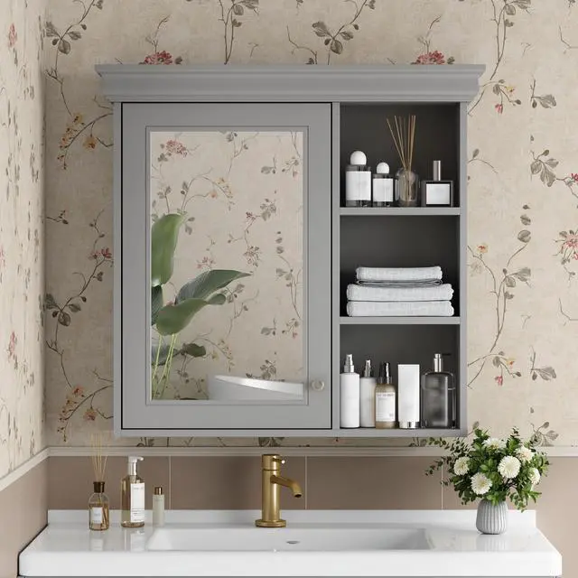 Alt view image 2 of 7 - 30'' x 28'' Bathroom Medicine Cabinet with Mirror, Wall Mounted Mirror Cabinet with Storage Organizer, Over the Toilet Storage Storage Cabinet for Bathroom