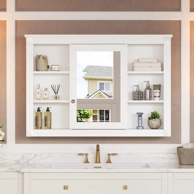 Alt view image 2 of 7 - 42'' Wall Mounted Bathroom Storage Cabinet, Medicine Cabinet, Modern Bathroom Wall Cabinet with Mirror, Mirror Cabinet with 6 Open Shelves (Not Include Bathroom Vanity )
