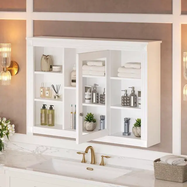 Alt view image 4 of 7 - 42'' Wall Mounted Bathroom Storage Cabinet, Medicine Cabinet, Modern Bathroom Wall Cabinet with Mirror, Mirror Cabinet with 6 Open Shelves (Not Include Bathroom Vanity )