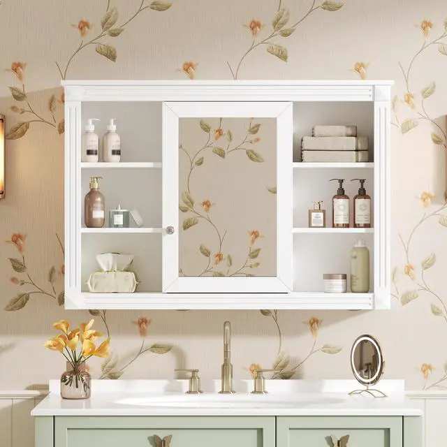 Alt view image 6 of 7 - 42'' Wall Mounted Bathroom Storage Cabinet, Medicine Cabinet, Modern Bathroom Wall Cabinet with Mirror, Mirror Cabinet with 6 Open Shelves (Not Include Bathroom Vanity )