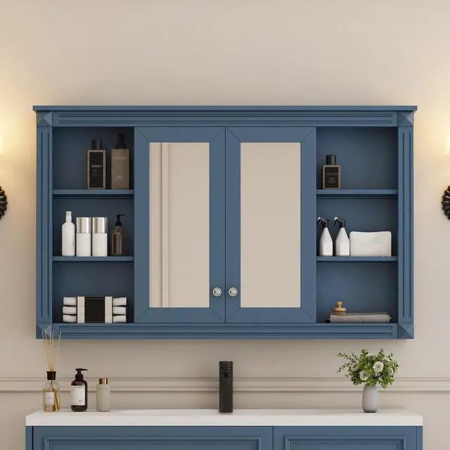 Alt view image 2 of 7 - 47 Inch Bathroom Mirror Cabinet with Storage, Adjustable Shelf and Open Shelves, Wall Mounted Medicine Cabinet for Bathroom, Bedroom, Vanity
