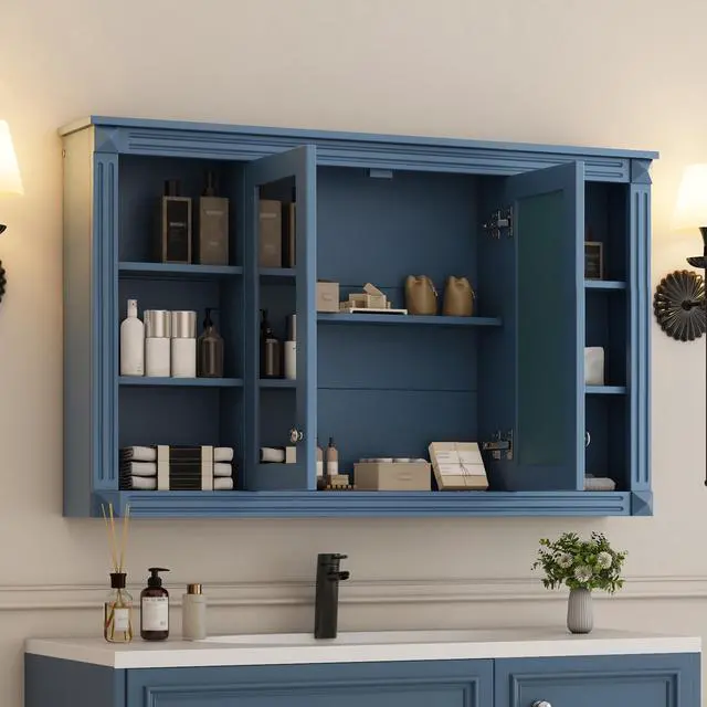 Alt view image 4 of 7 - 47 Inch Bathroom Mirror Cabinet with Storage, Adjustable Shelf and Open Shelves, Wall Mounted Medicine Cabinet for Bathroom, Bedroom, Vanity