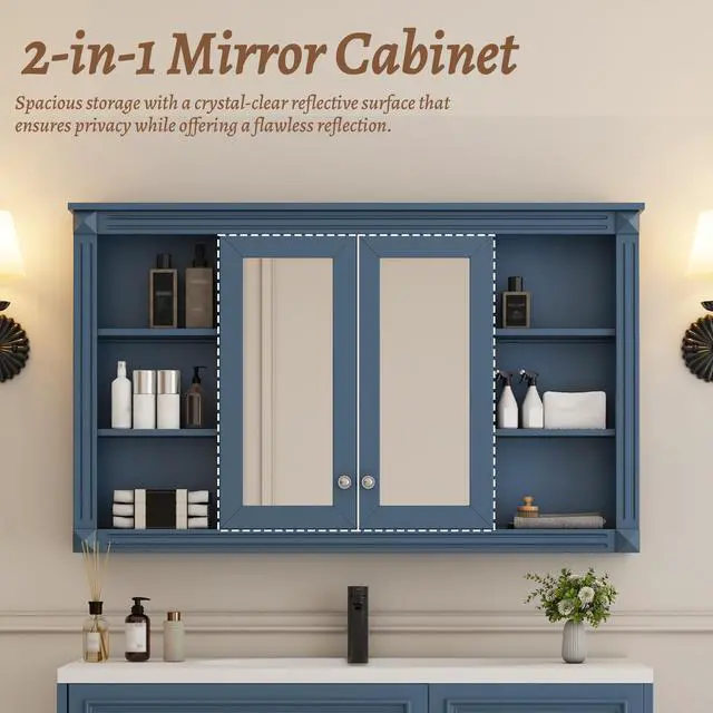 Alt view image 7 of 7 - 47 Inch Bathroom Mirror Cabinet with Storage, Adjustable Shelf and Open Shelves, Wall Mounted Medicine Cabinet for Bathroom, Bedroom, Vanity