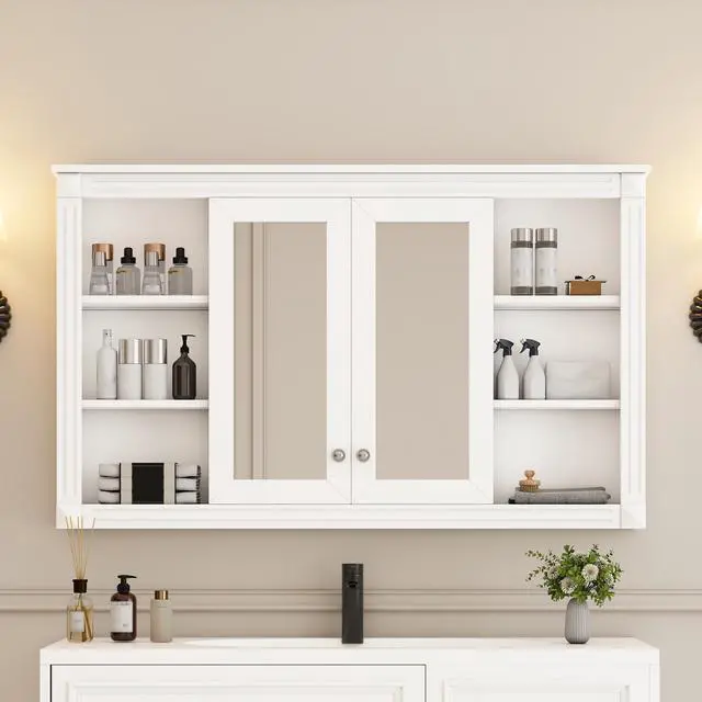 Alt view image 2 of 7 - 47 Inch Bathroom Mirror Cabinet with Storage, Adjustable Shelf and Open Shelves, Wall Mounted Medicine Cabinet for Bathroom, Bedroom, Vanity