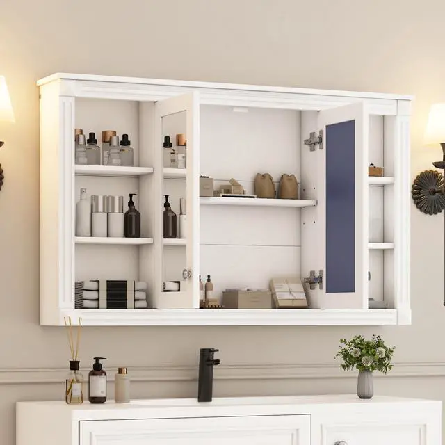 Alt view image 4 of 7 - 47 Inch Bathroom Mirror Cabinet with Storage, Adjustable Shelf and Open Shelves, Wall Mounted Medicine Cabinet for Bathroom, Bedroom, Vanity