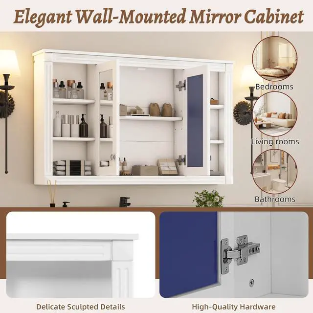 Alt view image 7 of 7 - 47 Inch Bathroom Mirror Cabinet with Storage, Adjustable Shelf and Open Shelves, Wall Mounted Medicine Cabinet for Bathroom, Bedroom, Vanity