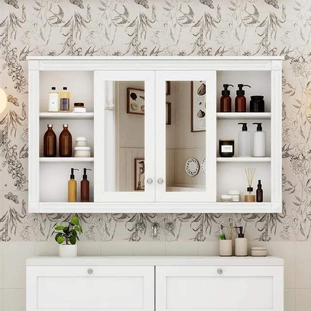 Alt view image 5 of 7 - 47 Inch Bathroom Mirror Cabinet with Storage, Adjustable Shelf and Open Shelves, Wall Mounted Medicine Cabinet for Bathroom, Bedroom, Vanity
