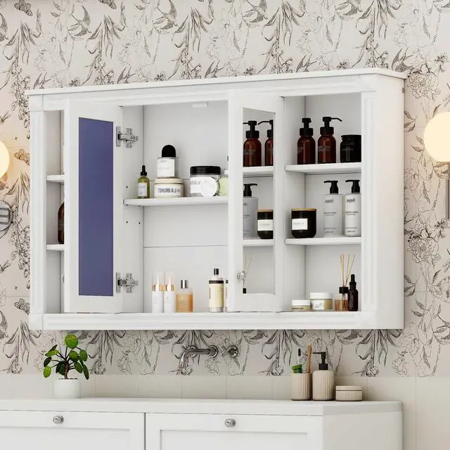 Alt view image 6 of 7 - 47 Inch Bathroom Mirror Cabinet with Storage, Adjustable Shelf and Open Shelves, Wall Mounted Medicine Cabinet for Bathroom, Bedroom, Vanity