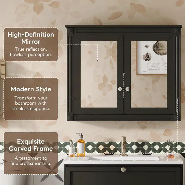 Alt view image 7 of 7 - 36'' x 28'' Medicine Cabinet, Wall Mounted Bathroom Storage Cabinet, Modern Bathroom Wall Cabinet with 2 Mirrors, Medicine Cabinet, Mirror Cabinet with 2 adjustable Shelves