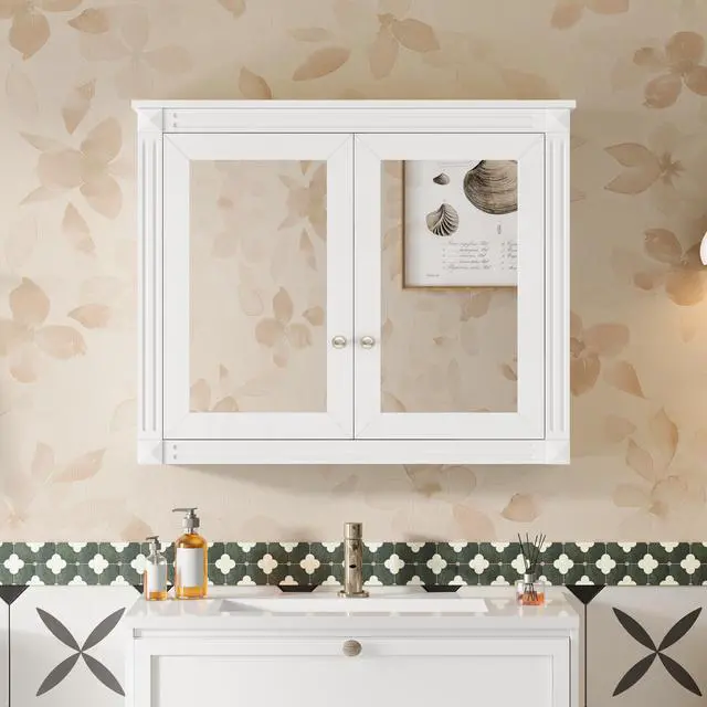Alt view image 2 of 7 - 36'' x 28'' Medicine Cabinet, Wall Mounted Bathroom Storage Cabinet, Modern Bathroom Wall Cabinet with 2 Mirrors, Medicine Cabinet, Mirror Cabinet with 2 adjustable Shelves