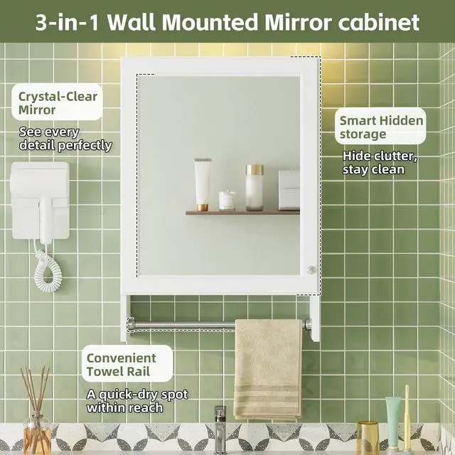 Alt view image 7 of 7 - 3-in-1 Bathroom Mirror Cabinet, 20-inch Wall Mounted Medicine Cabinet with Adjustable Shelf & Soft Close Door, High-Define Mirror with Storage for Bathroom Vanity