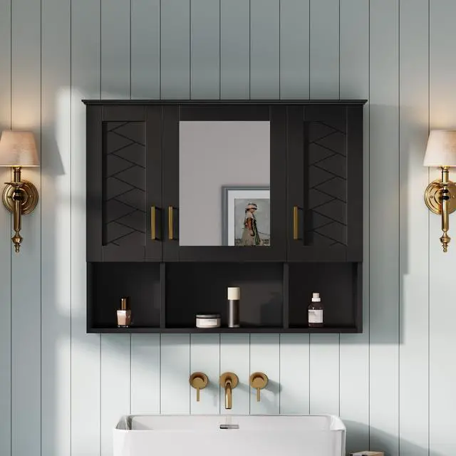 Alt view image 2 of 7 - 35 inch 2-in-1 Wall Mounted Medicine Cabinet with Adjustable Shelves & Soft Close Doors, High-Define Mirror with Storage for Bathroom Vanity