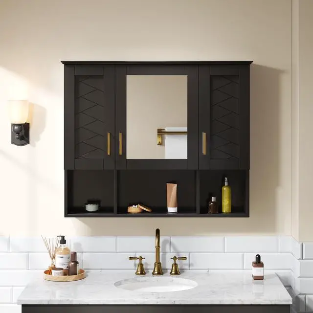 Alt view image 4 of 7 - 35 inch 2-in-1 Wall Mounted Medicine Cabinet with Adjustable Shelves & Soft Close Doors, High-Define Mirror with Storage for Bathroom Vanity