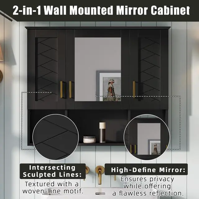 Alt view image 6 of 7 - 35 inch 2-in-1 Wall Mounted Medicine Cabinet with Adjustable Shelves & Soft Close Doors, High-Define Mirror with Storage for Bathroom Vanity