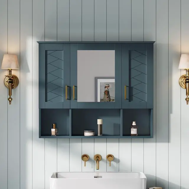 Alt view image 2 of 7 - 35 inch 2-in-1 Wall Mounted Medicine Cabinet with Adjustable Shelves & Soft Close Doors, High-Define Mirror with Storage for Bathroom Vanity