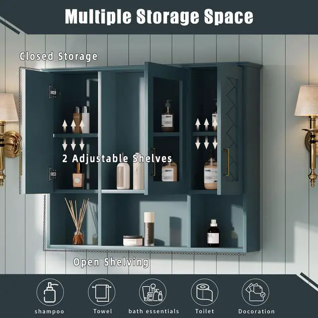 Alt view image 6 of 7 - 35 inch 2-in-1 Wall Mounted Medicine Cabinet with Adjustable Shelves & Soft Close Doors, High-Define Mirror with Storage for Bathroom Vanity