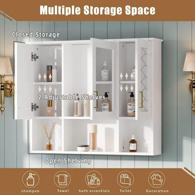 Alt view image 7 of 7 - 35 inch 2-in-1 Wall Mounted Medicine Cabinet with Adjustable Shelves & Soft Close Doors, High-Define Mirror with Storage for Bathroom Vanity