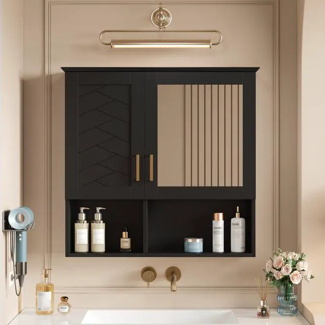 Alt view image 5 of 7 - 2-in-1 Bathroom Mirror Cabinet, 30 inch Wall Mounted Medicine Cabinet with Adjustable Shelves & Soft Close Doors, High-Define Mirror with Storage for Bathroom Vanity