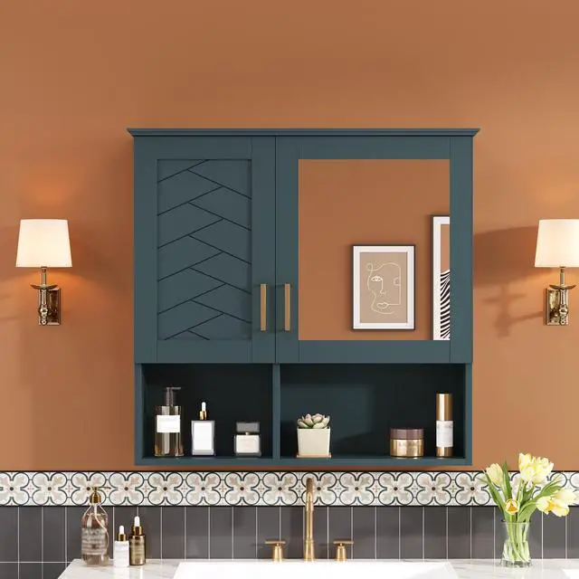Alt view image 5 of 7 - 2-in-1 Bathroom Mirror Cabinet, 30 inch Wall Mounted Medicine Cabinet with Adjustable Shelves & Soft Close Doors, High-Define Mirror with Storage for Bathroom Vanity