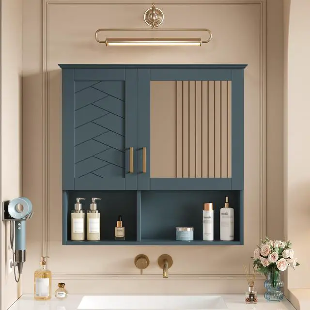 Alt view image 2 of 7 - 2-in-1 Bathroom Mirror Cabinet, 30 inch Wall Mounted Medicine Cabinet with Adjustable Shelves & Soft Close Doors, High-Define Mirror with Storage for Bathroom Vanity