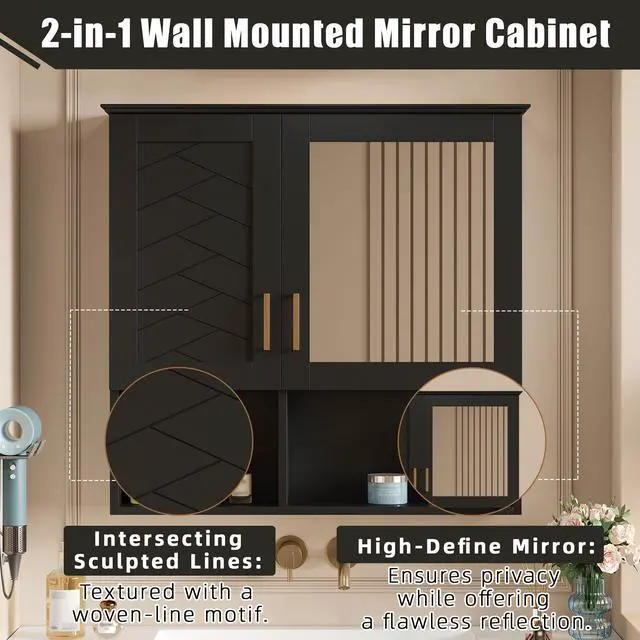 Alt view image 7 of 7 - 2-in-1 Bathroom Mirror Cabinet, 30 inch Wall Mounted Medicine Cabinet with Adjustable Shelves & Soft Close Doors, High-Define Mirror with Storage for Bathroom Vanity