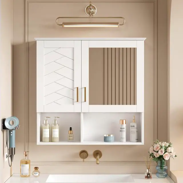 Alt view image 5 of 7 - 2-in-1 Bathroom Mirror Cabinet, 30 inch Wall Mounted Medicine Cabinet with Adjustable Shelves & Soft Close Doors, High-Define Mirror with Storage for Bathroom Vanity