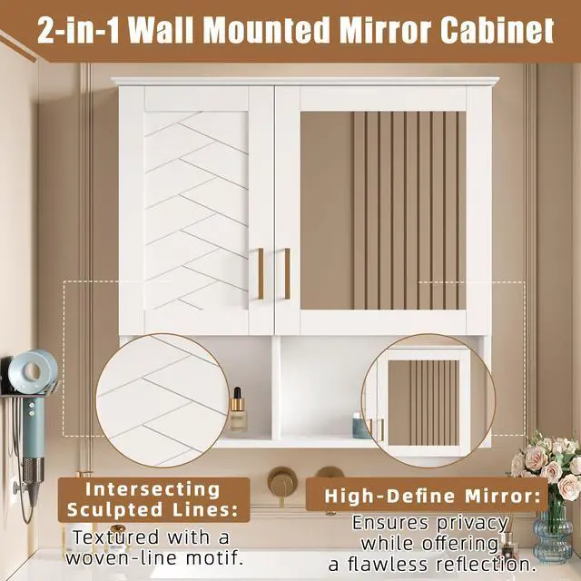 Alt view image 7 of 7 - 2-in-1 Bathroom Mirror Cabinet, 30 inch Wall Mounted Medicine Cabinet with Adjustable Shelves & Soft Close Doors, High-Define Mirror with Storage for Bathroom Vanity