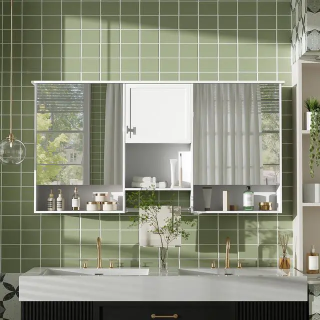 Alt view image 2 of 7 - 55 inch Wall-Mount 3-in-1 Mirror Cabinet with Adjustable Shelf, Soft-Closing Hinges, High-Quality MDF, for Bathroom Vanity, Living Room, Bedroom Storage Organizer